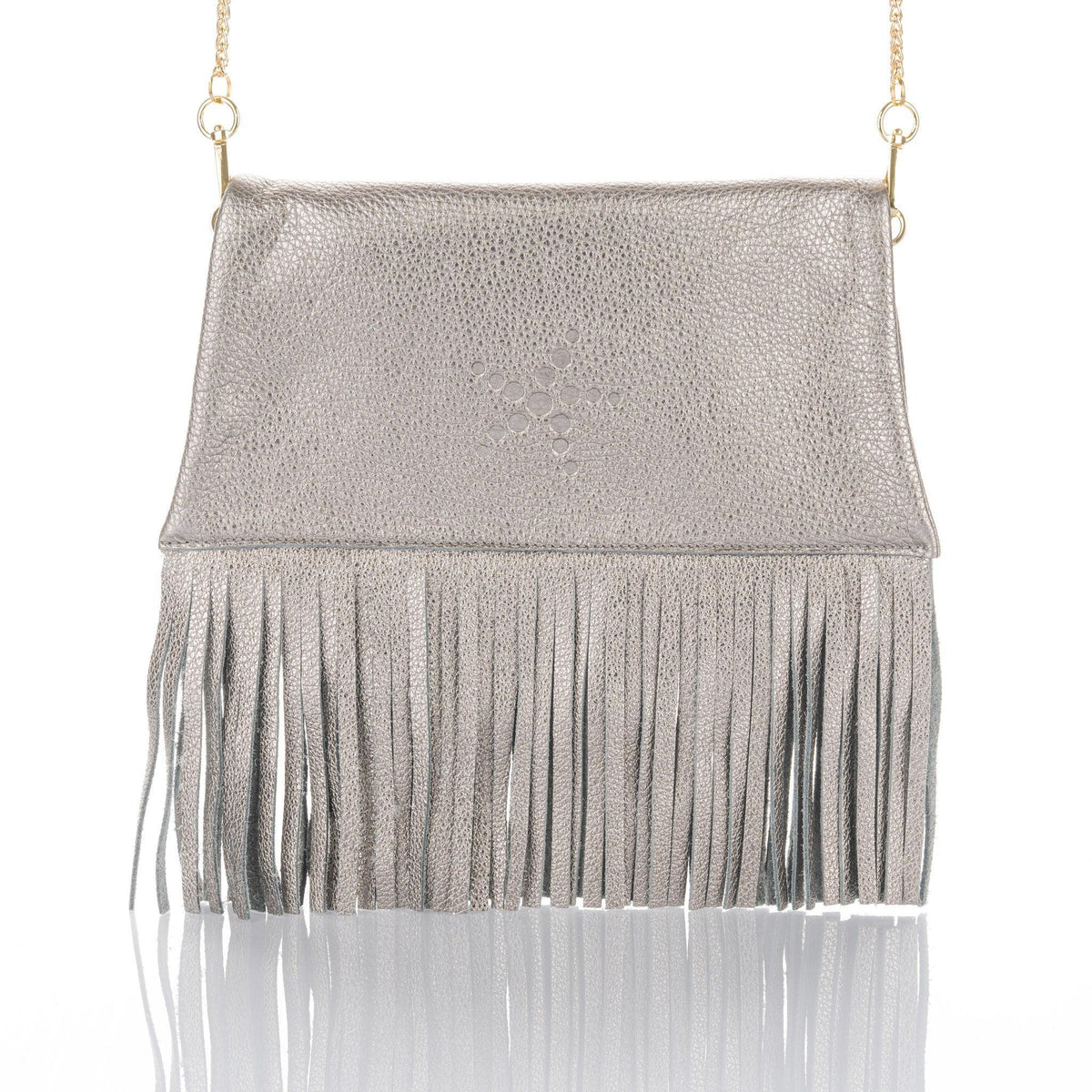 Nicole Fringe Grain Leather Clutch Bag Titanium - Vita Isola