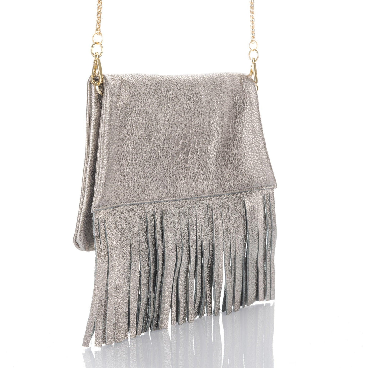 Nicole Fringe Grain Leather Clutch Bag Titanium - Vita Isola
