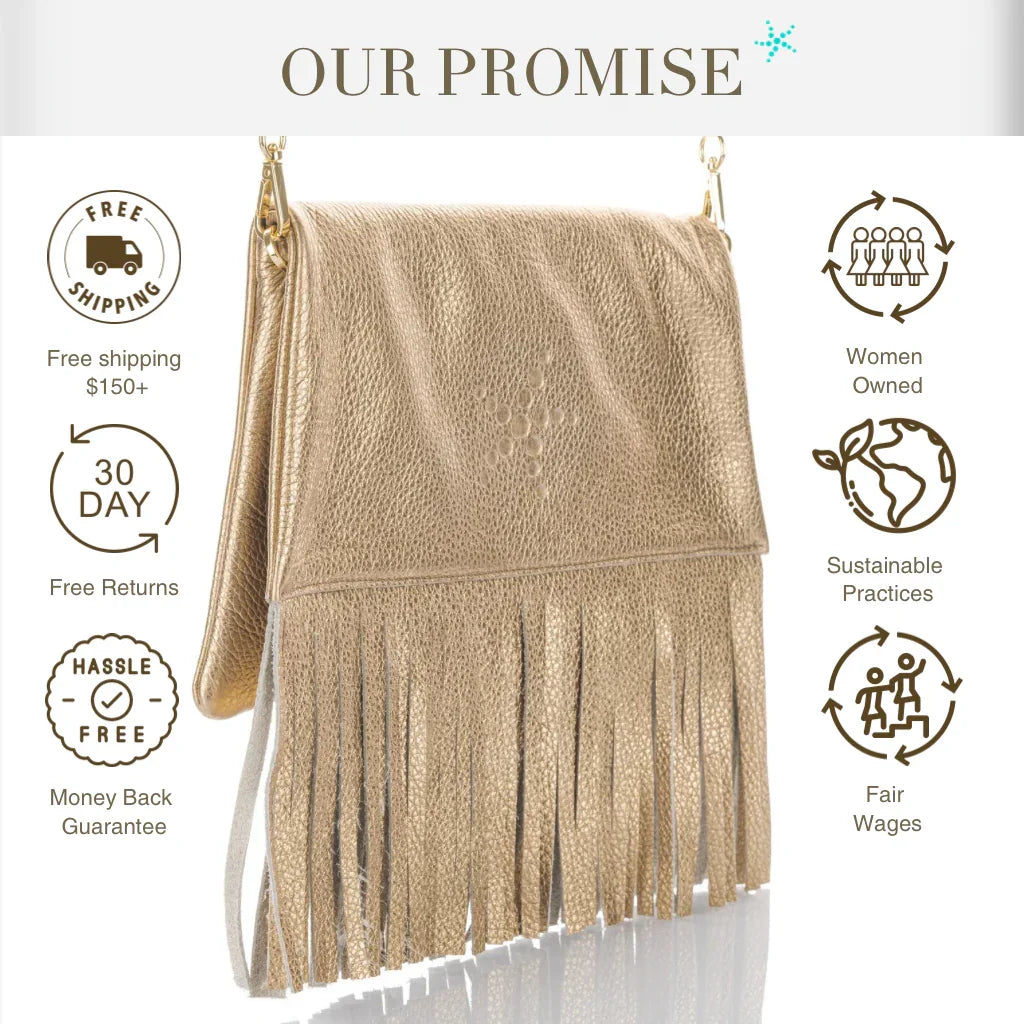 Nicole - Fringe Grain Leather Clutch Bag - Gold