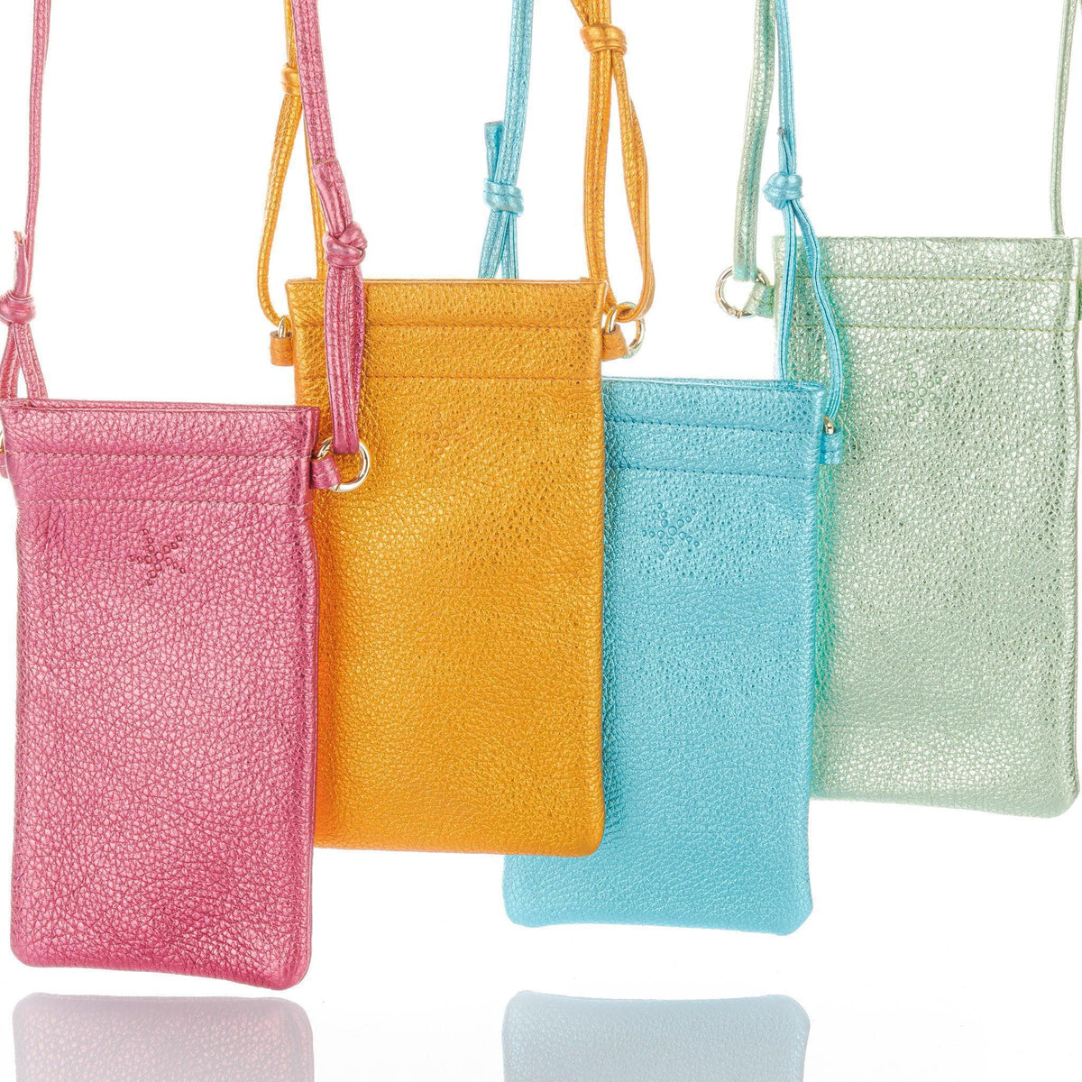 Bright Green Metallic Crossbody Leather Phone Pouch - Vita Isola