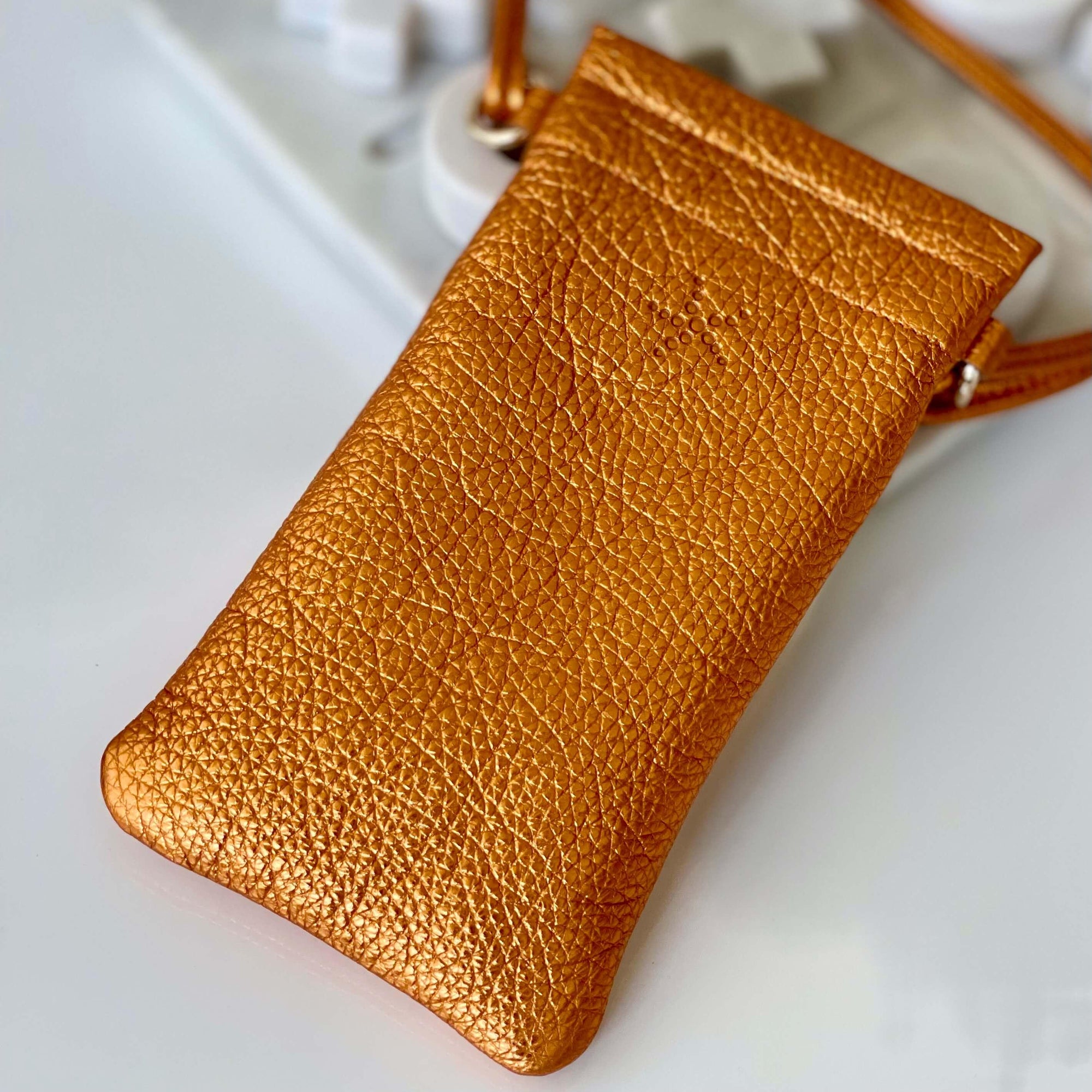 Sunshine Orange Metallic Crossbody Leather Phone Pouch - Vita Isola