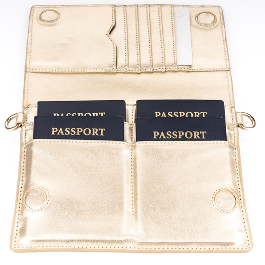 TriVersa Luxe Passport Leather Trio: Passport Holder, Wallet, & Crossbody Clutch-Gold - Vita Isola