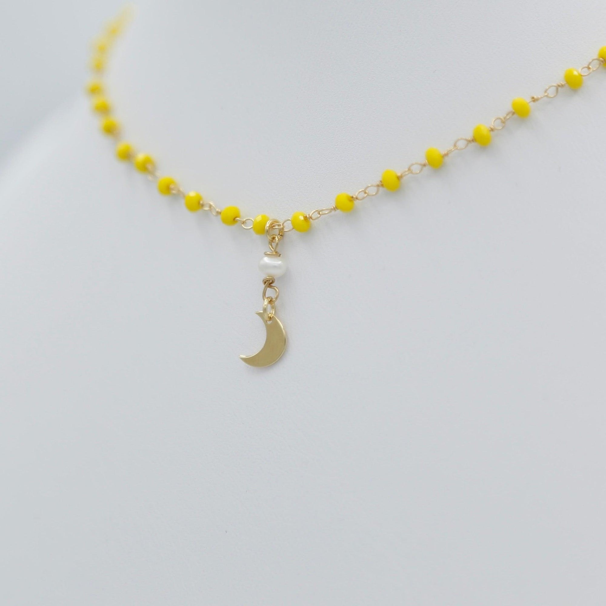 Yellow Beads Choker Necklace with Half Moon Pendant - Vita Isola