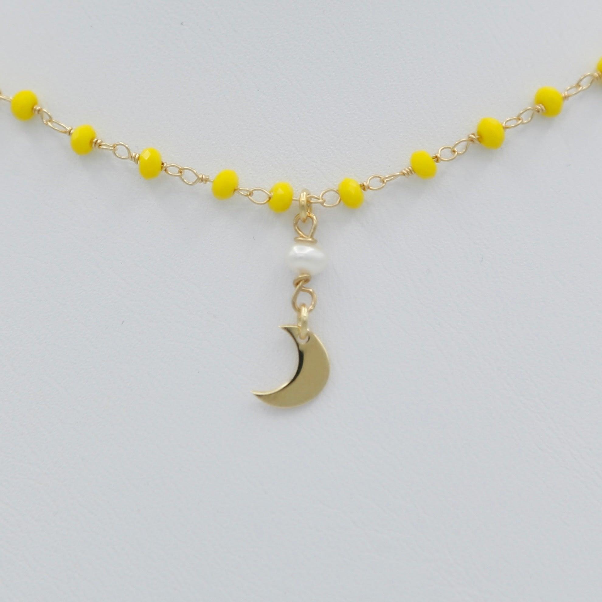 Yellow Beads Choker Necklace with Half Moon Pendant - Vita Isola