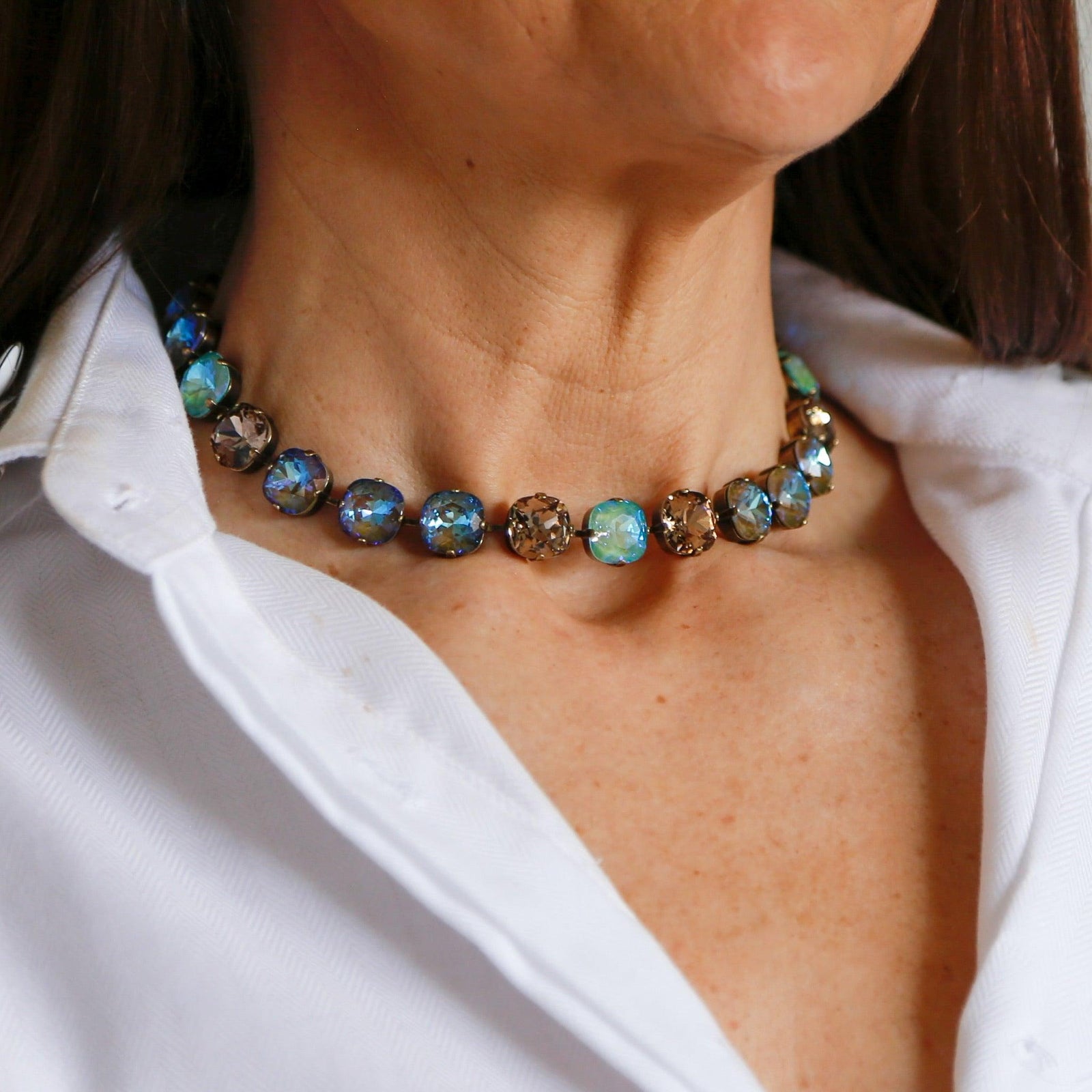 Blue & Taupe Glass Crystal Stone Necklace - Vita Isola