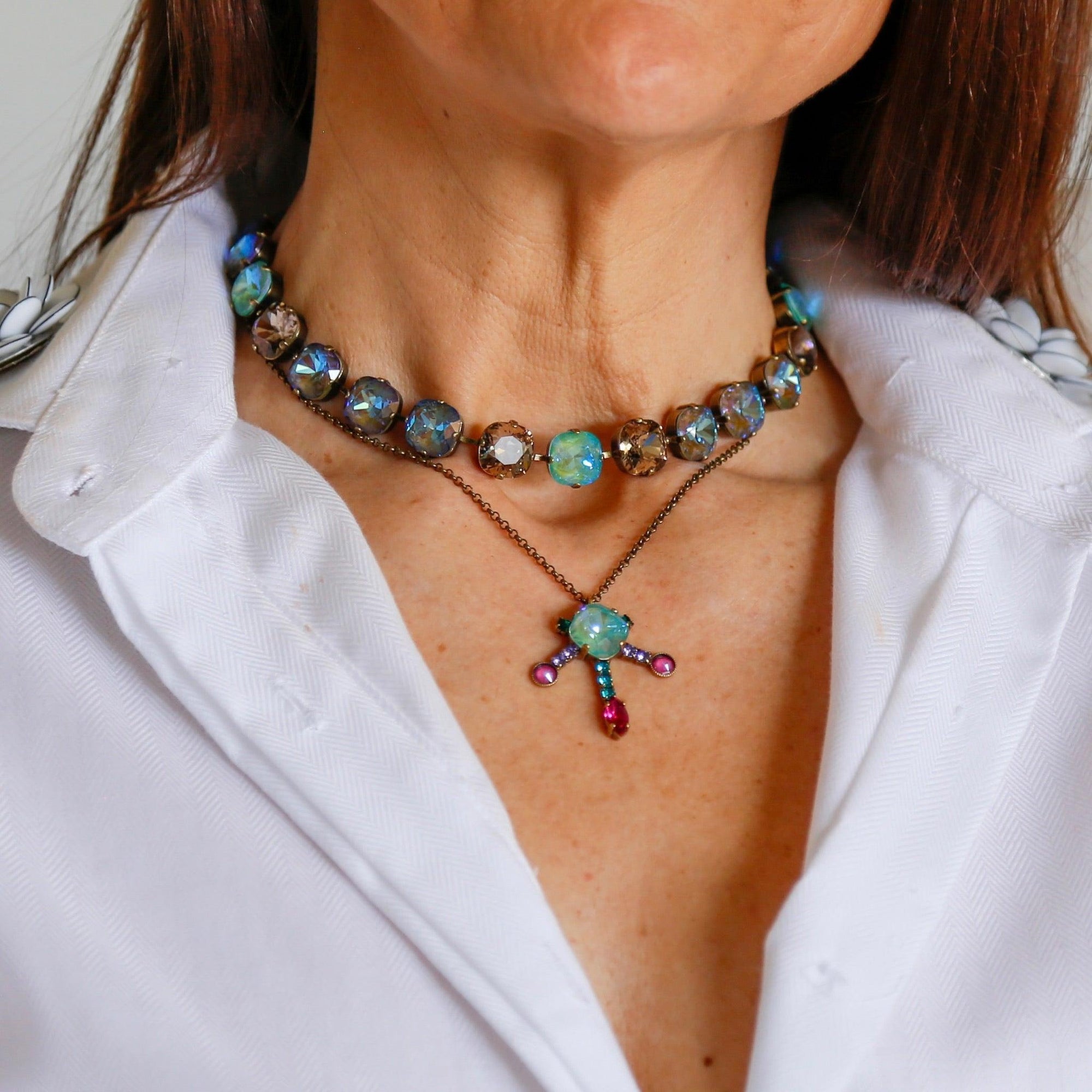 Blue & Taupe Glass Crystal Stone Necklace - Vita Isola