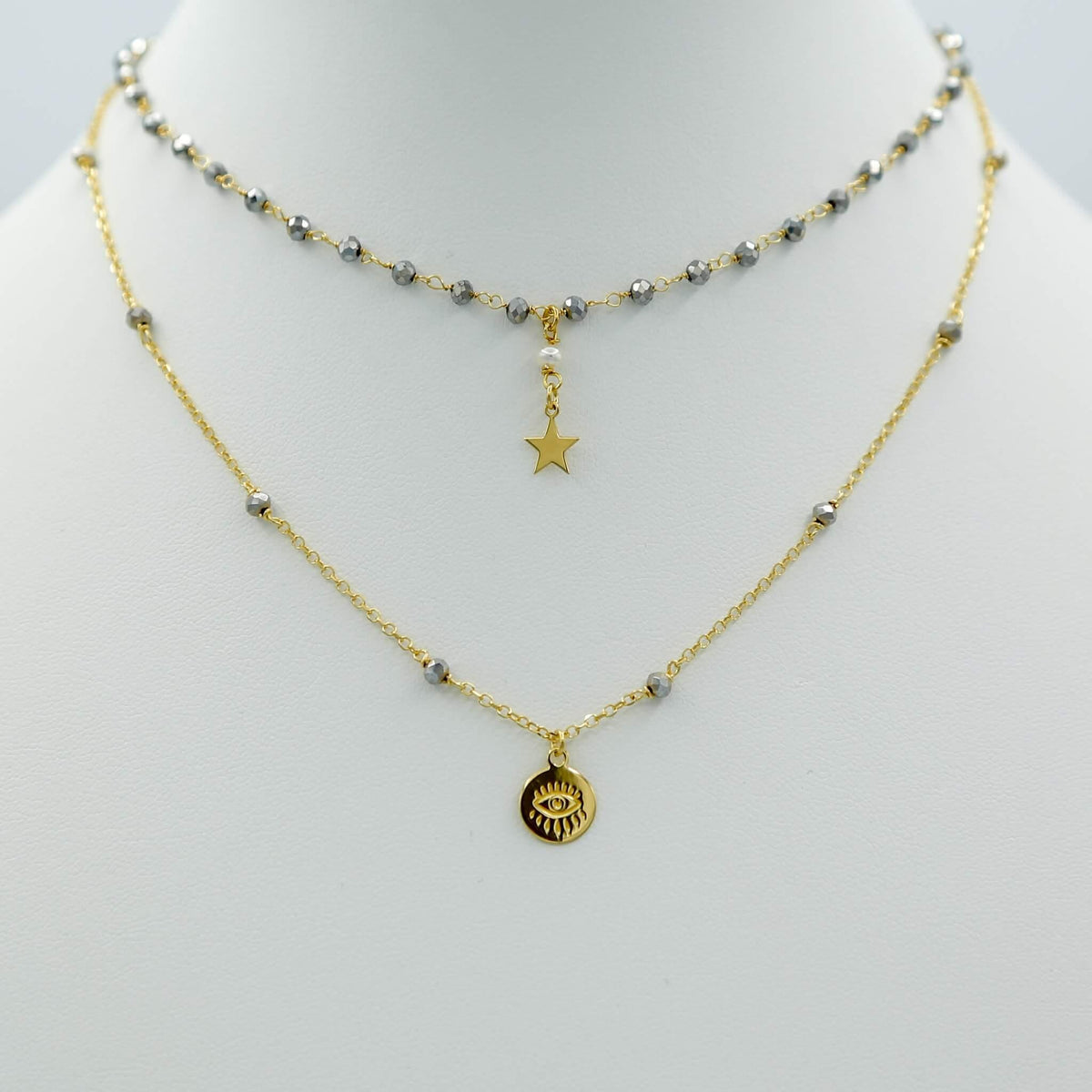 Gold Choker Necklace with Silver Beads Star Pendant - Vita Isola