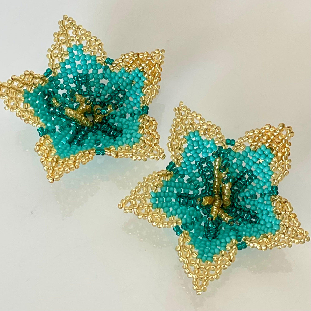 Gold Teal Amaryllis Flower Earrings - Vita Isola