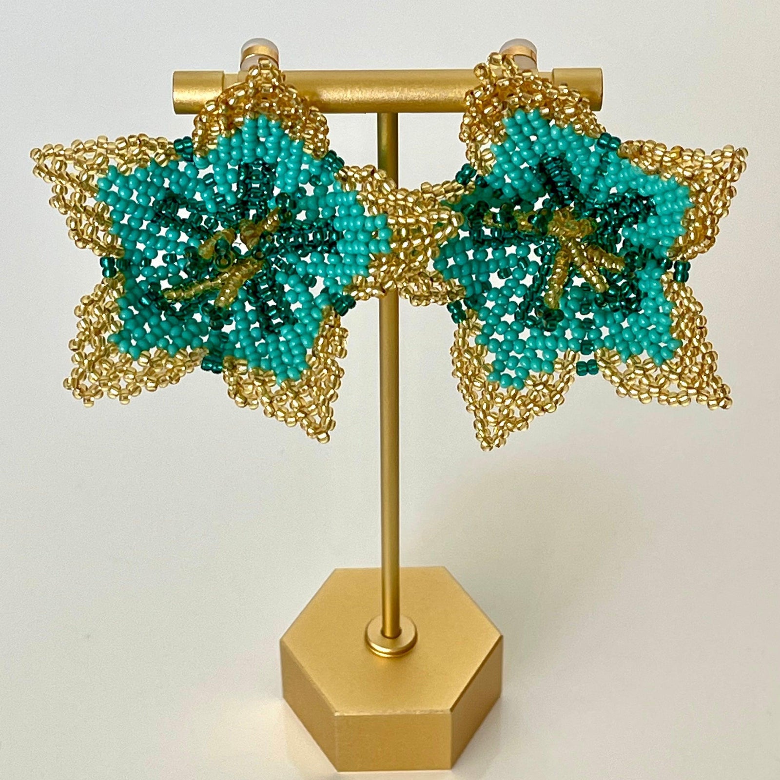 Gold Teal Amaryllis Flower Earrings - Vita Isola