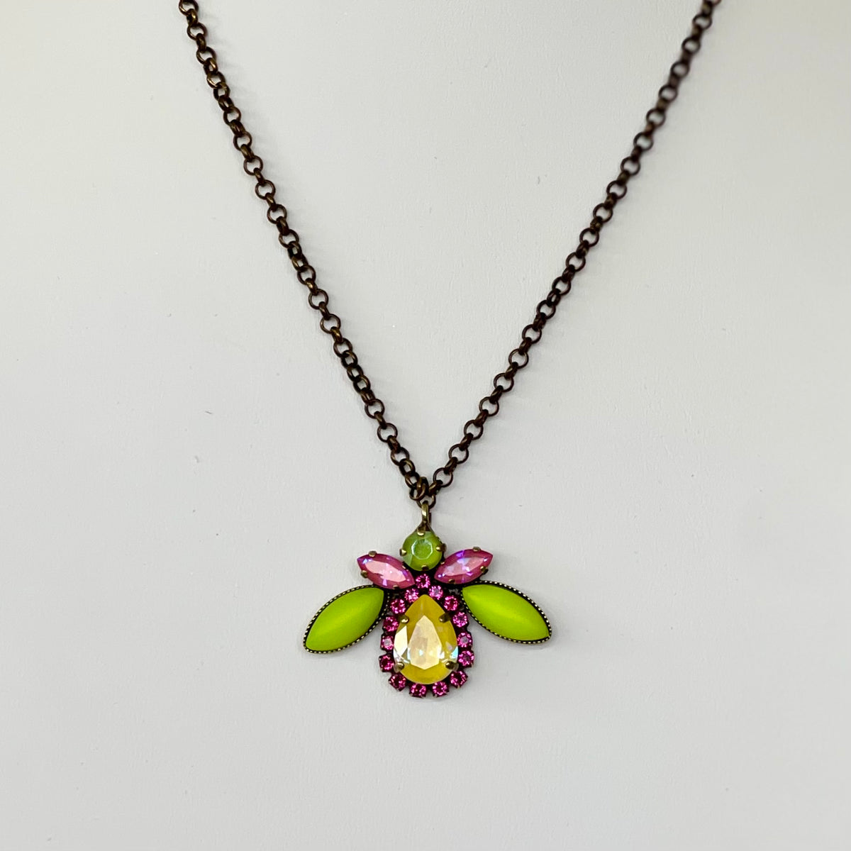 Lime & Pink Glass Beetle Pendant Necklace - Vita Isola