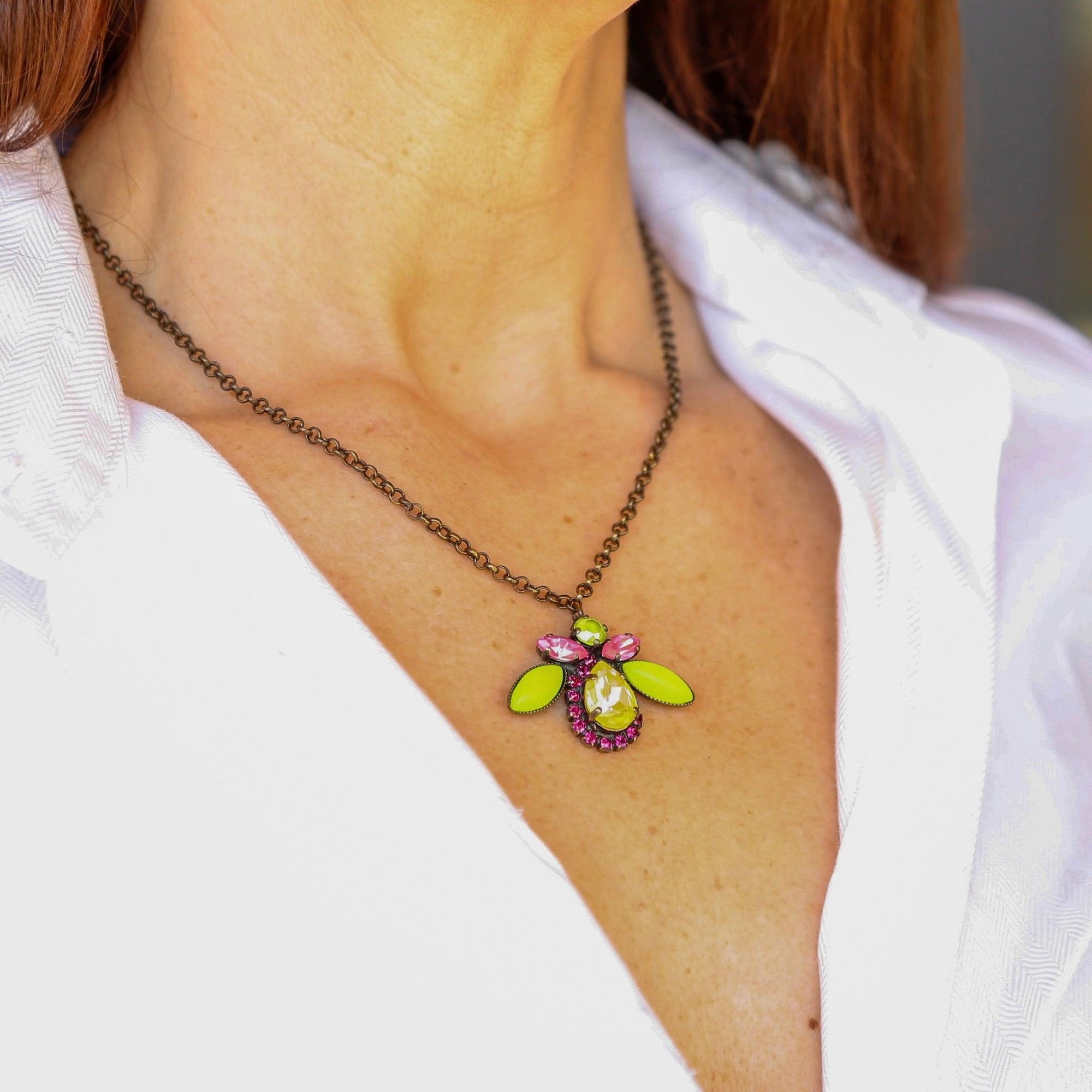 Lime & Pink Glass Beetle Pendant Necklace - Vita Isola