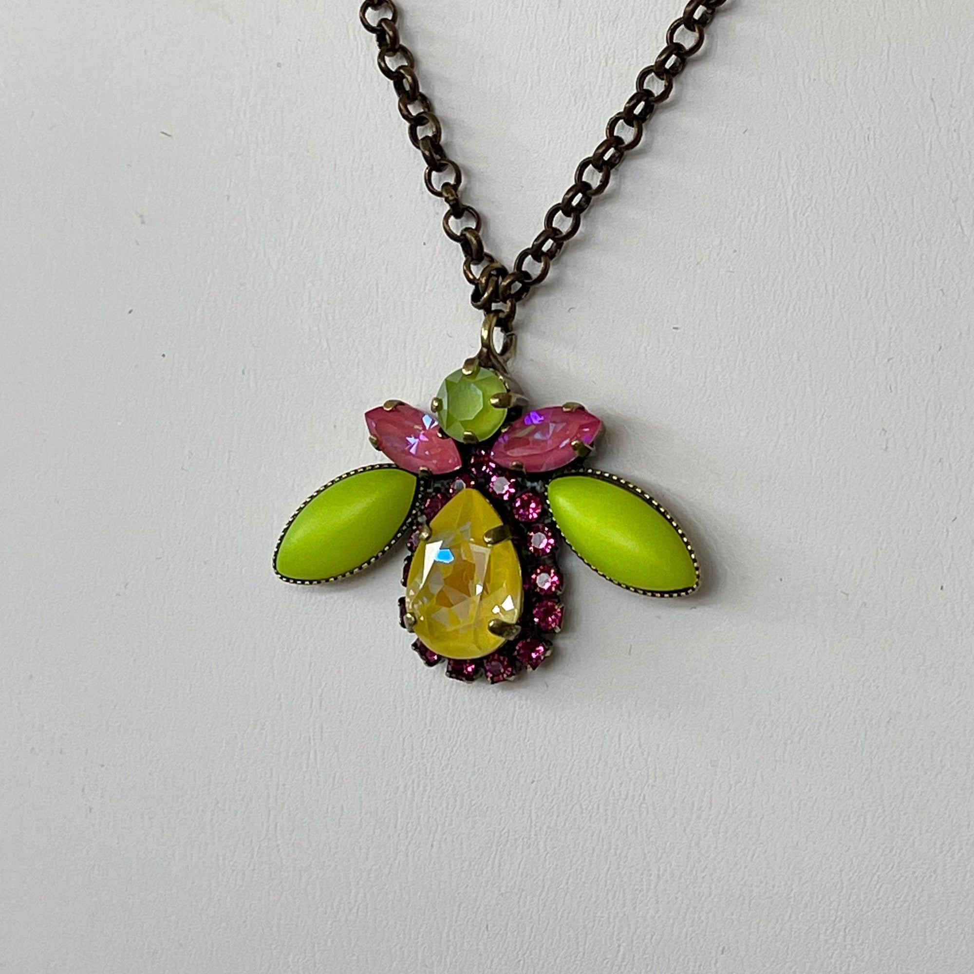 Lime & Pink Glass Beetle Pendant Necklace - Vita Isola