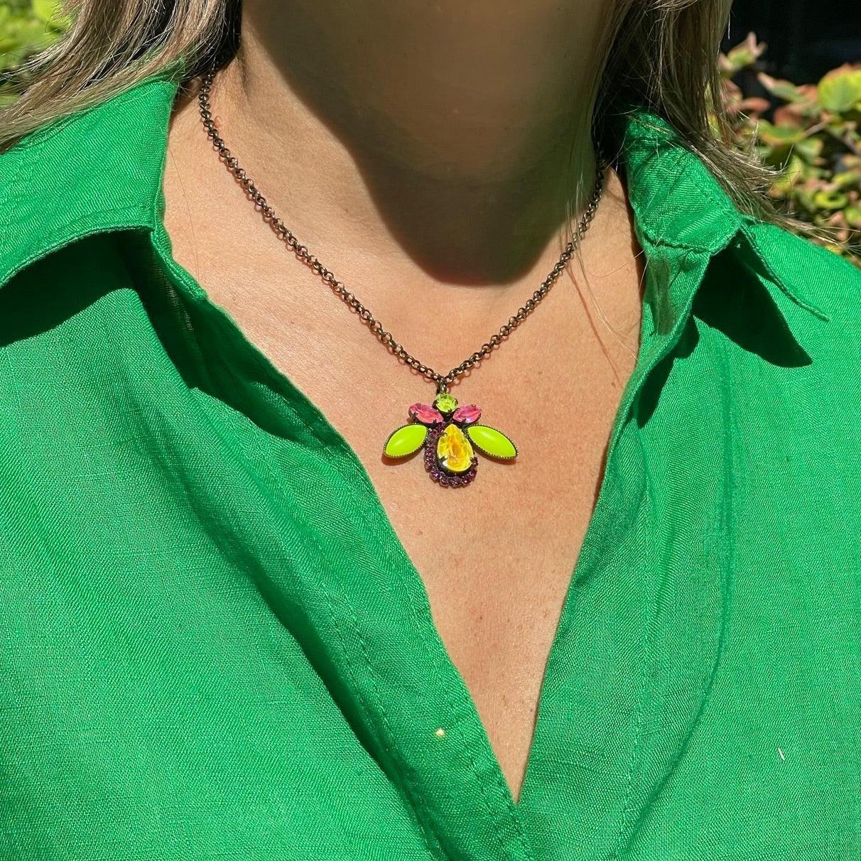 Lime & Pink Glass Beetle Pendant Necklace - Vita Isola