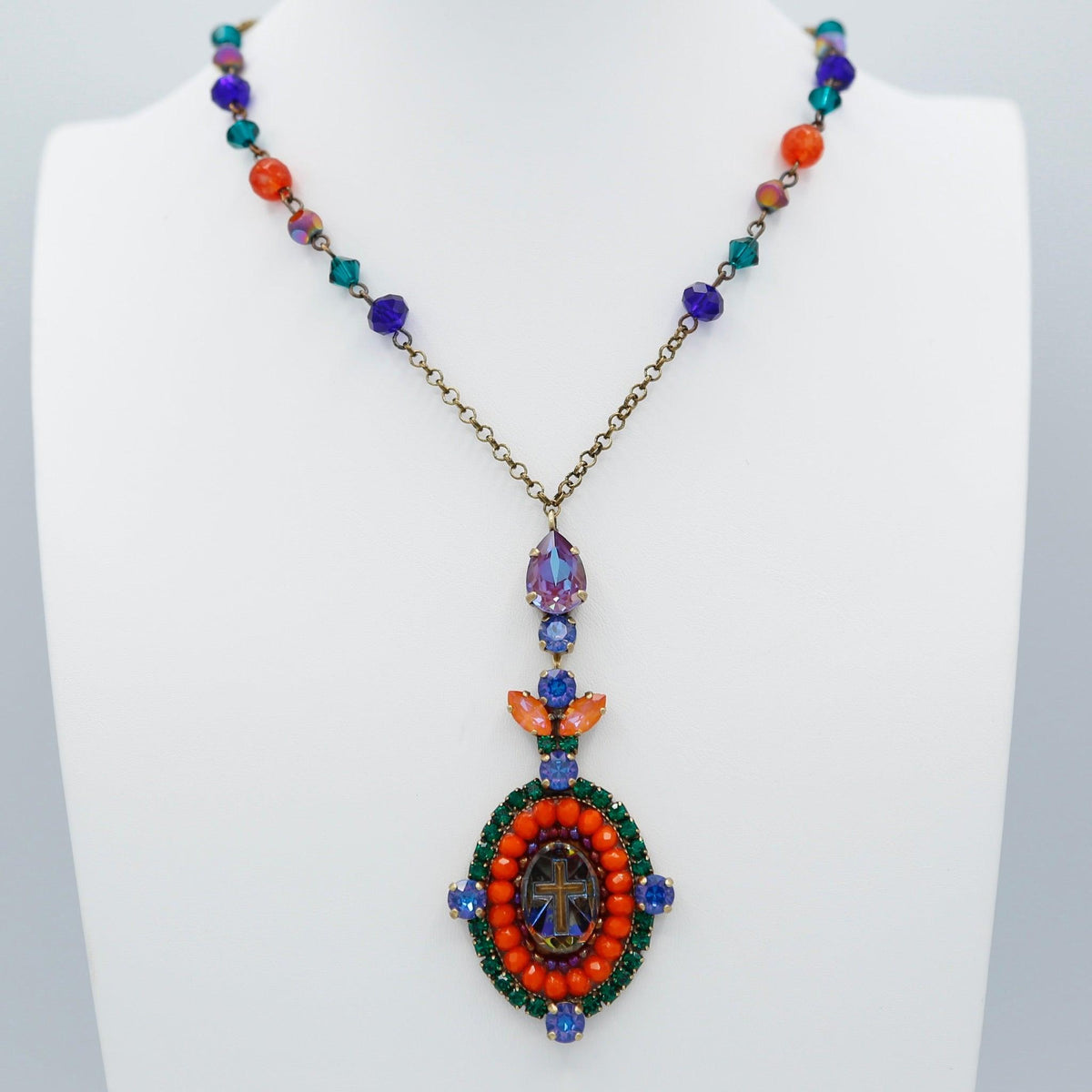Multicolor Glass Stone Chain Necklace with Beaded Cross Pendant - Vita Isola