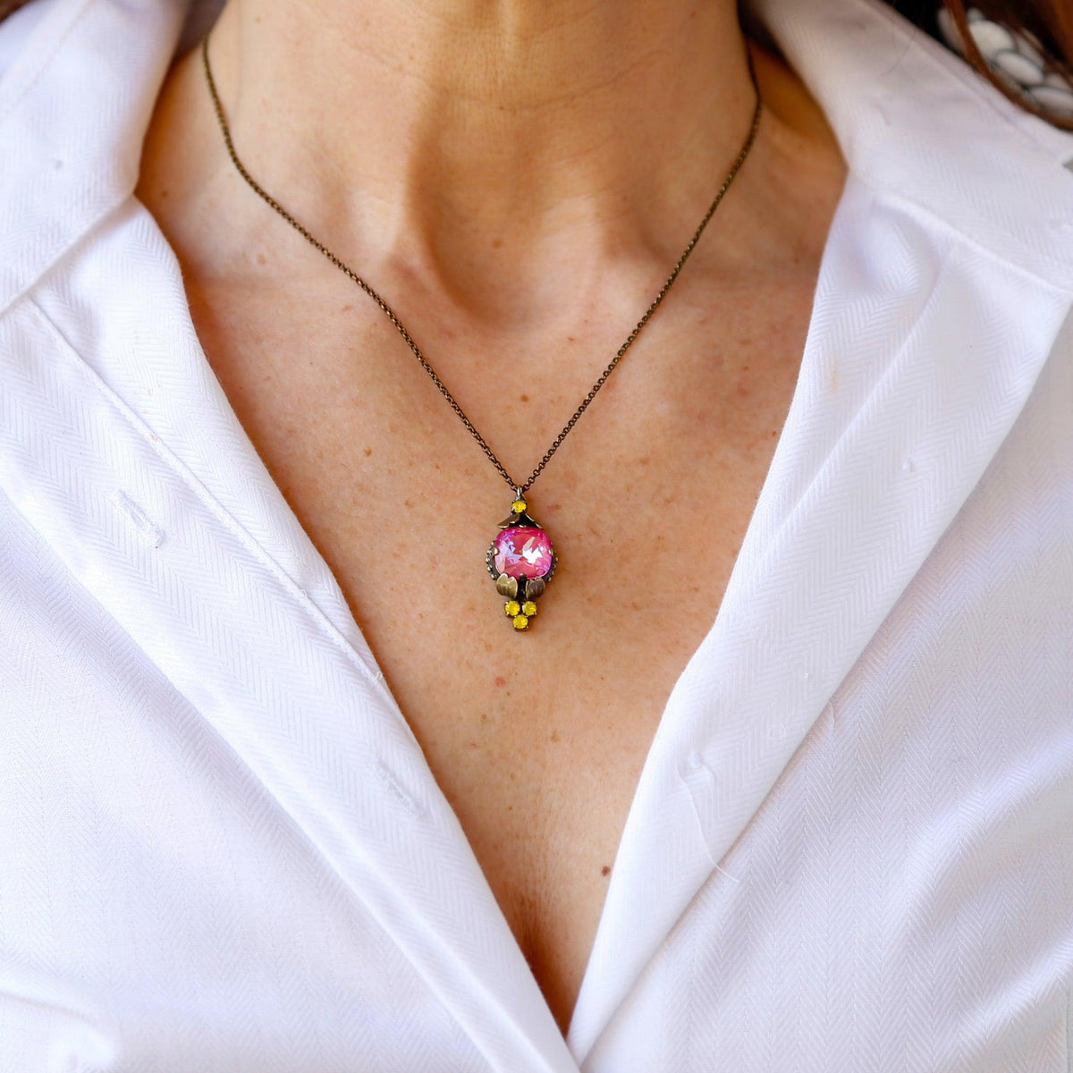 Pink &amp; Yellow Glass Stone Pendant Necklace - Vita Isola