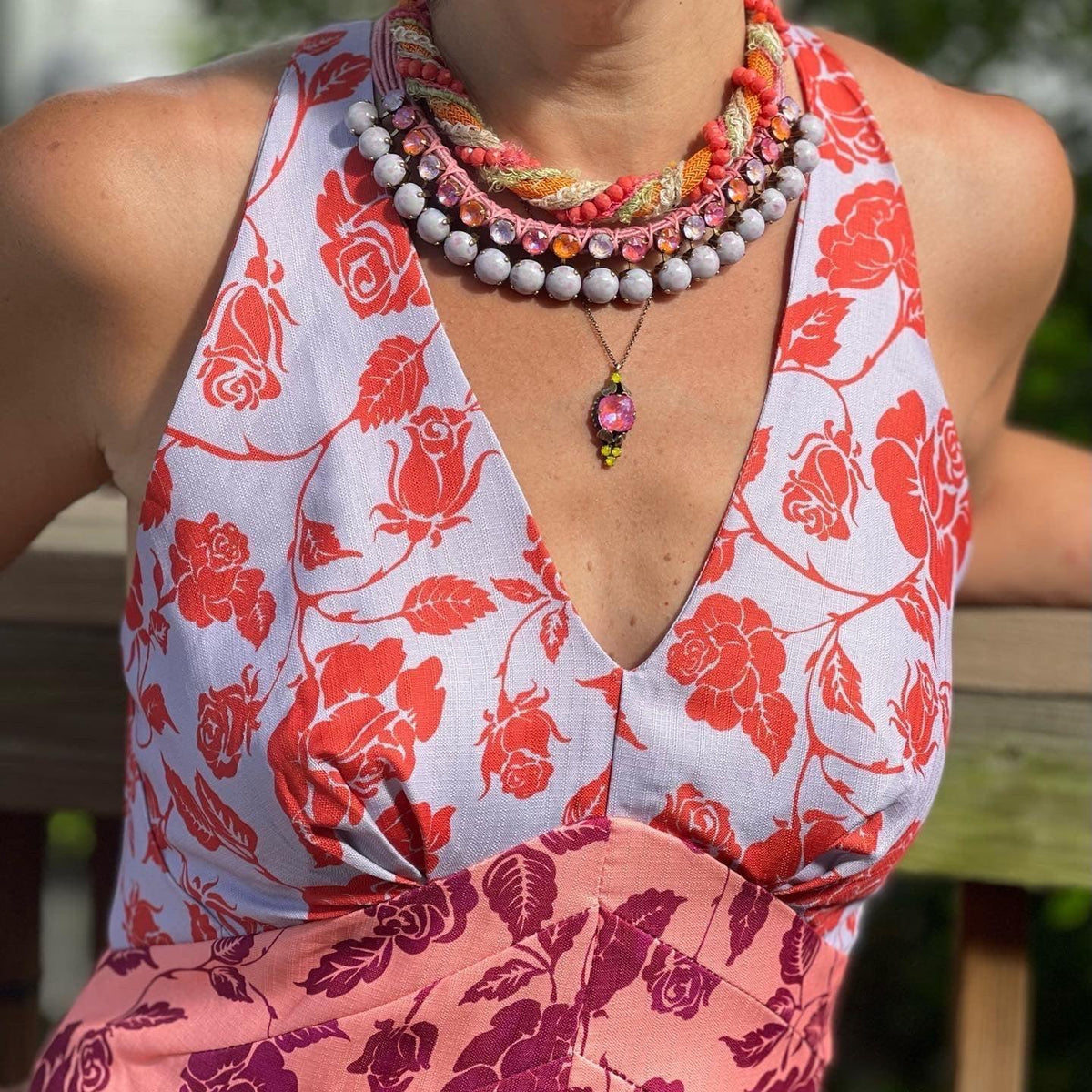 Pink &amp; Yellow Glass Stone Pendant Necklace - Vita Isola