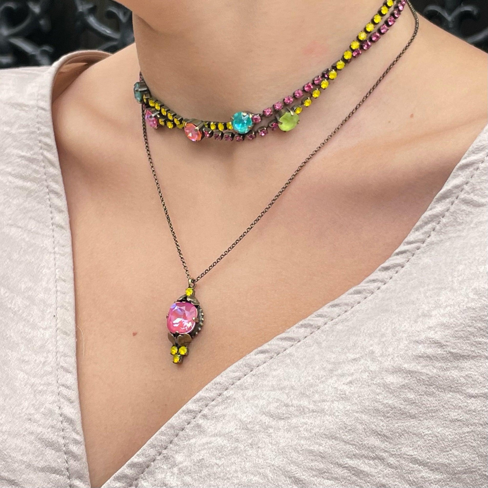 Pink & Yellow Glass Stone Pendant Necklace - Vita Isola