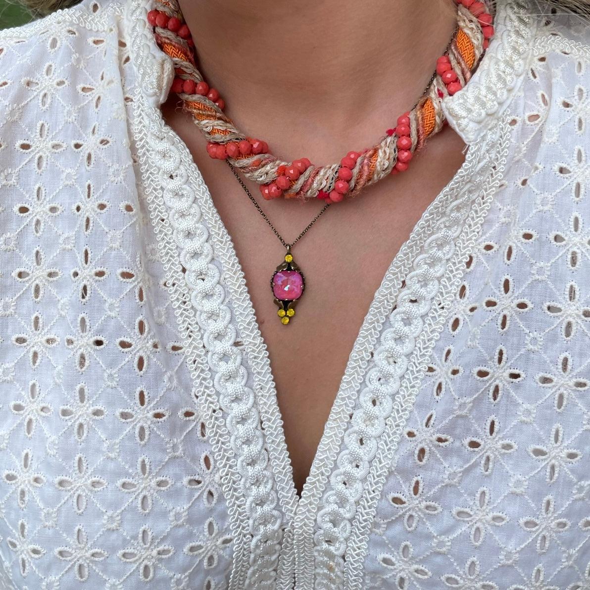 Pink &amp; Yellow Glass Stone Pendant Necklace - Vita Isola