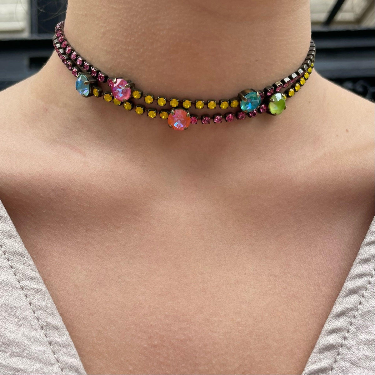 Pink, Yellow, Green & Blue Glass Stones Choker - Vita Isola