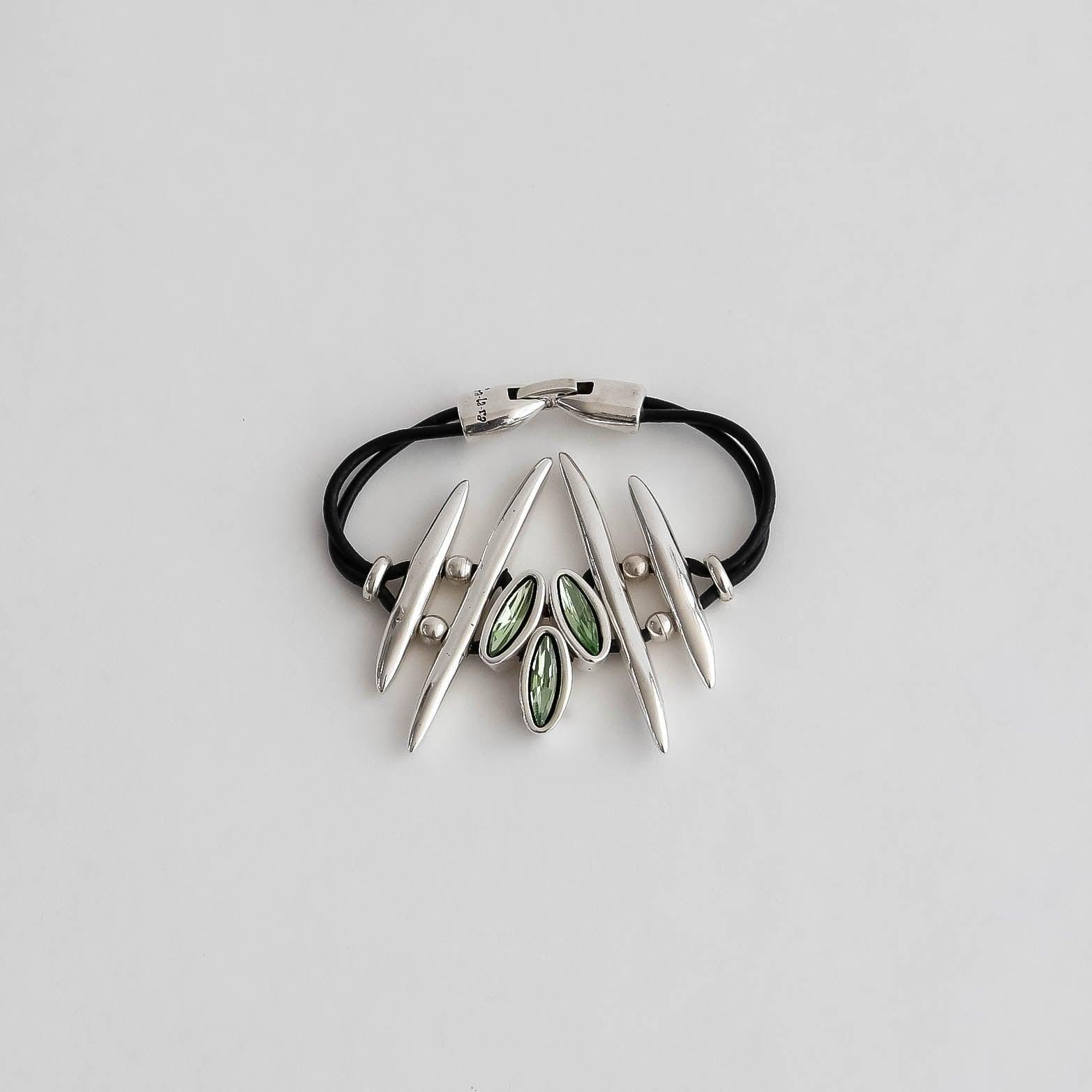 Silver Spikes Bracelet with Leather Emerald or White Crystals - Vita Isola